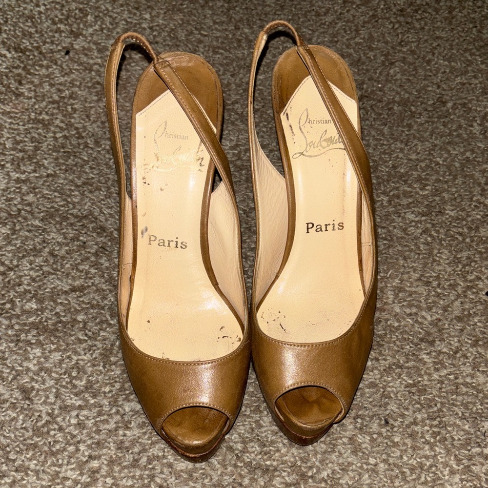 Christian Louboutin Tan Peep-Toe Slingback Heels